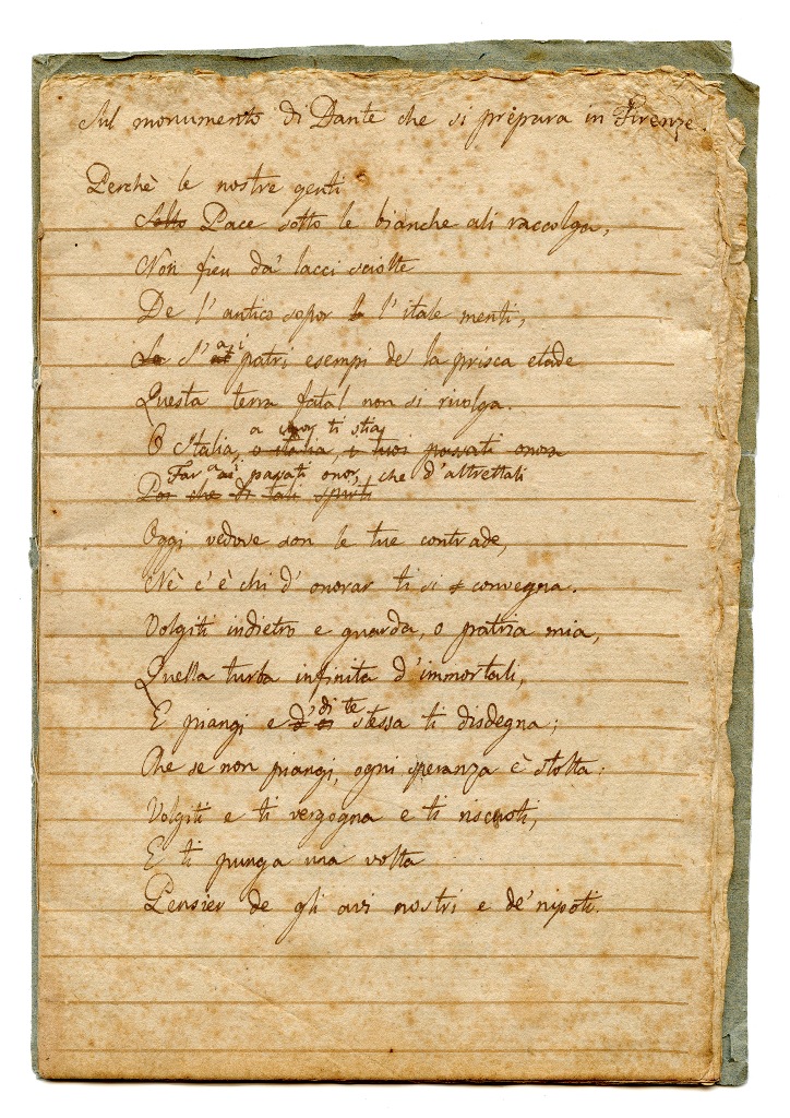Casa Leopardi espone per la prima volta al pubblico il manoscritto di Giacomo Leopardi Sopra il monumento di Dante che si preparava in Firenze