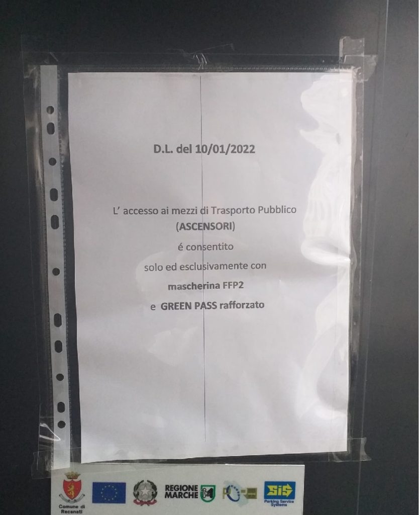 Recanati: sull’ascensore pubblico può salire solo chi è munito di super green pass