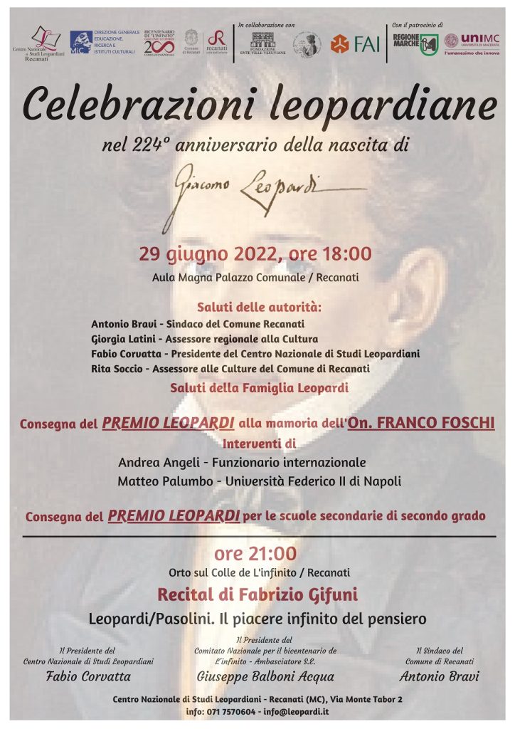 Il 29 giugno consegna del Premio Leopardi alla memoria dell’Onorevole Franco Foschi