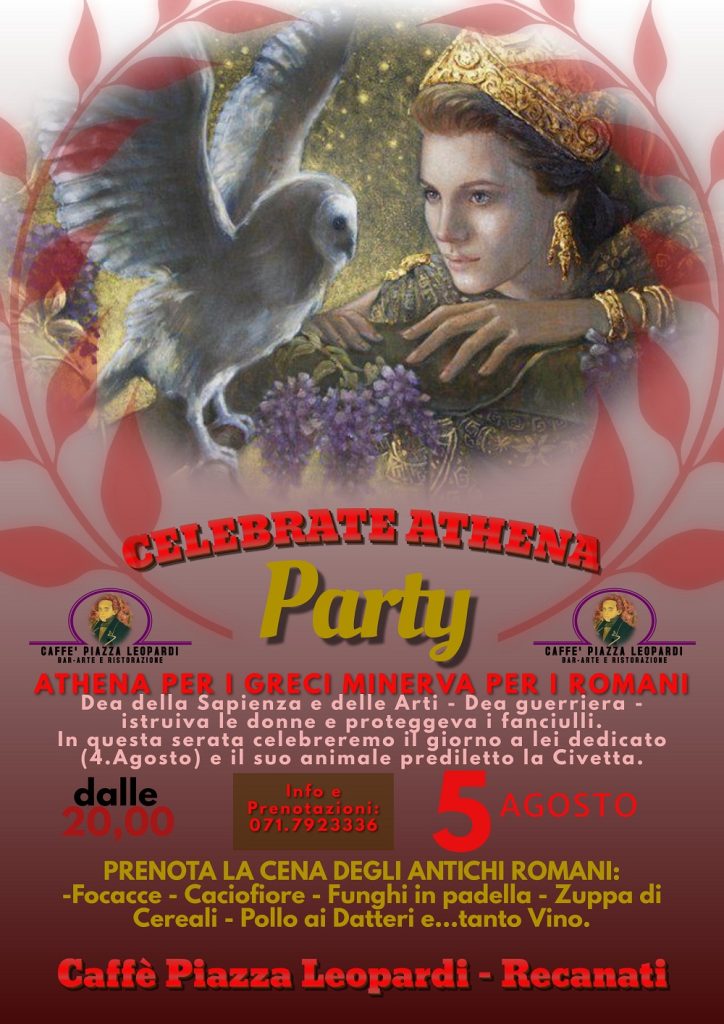 Al Caffè Piazza Leopardi di Recanati venerdì 5 agosto si cena come l’antica Roma ricordando la Dea Athena.