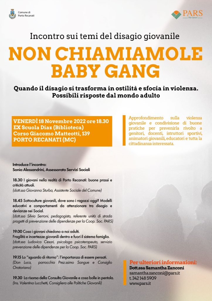 “Non chiamatele Baby Gang”: venerdì 18 novembre incontro sui temi del disagio giovanile a Porto Recanati