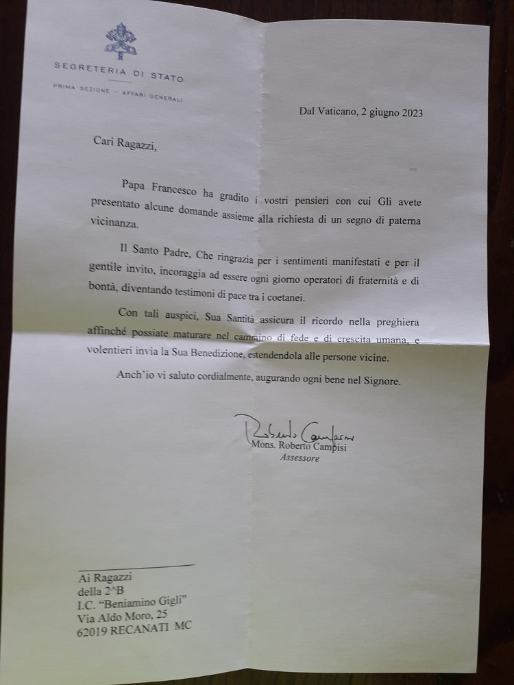 “Caro Papa Francesco…” Gli alunni della scuola Patrizi scrivono al Pontefice