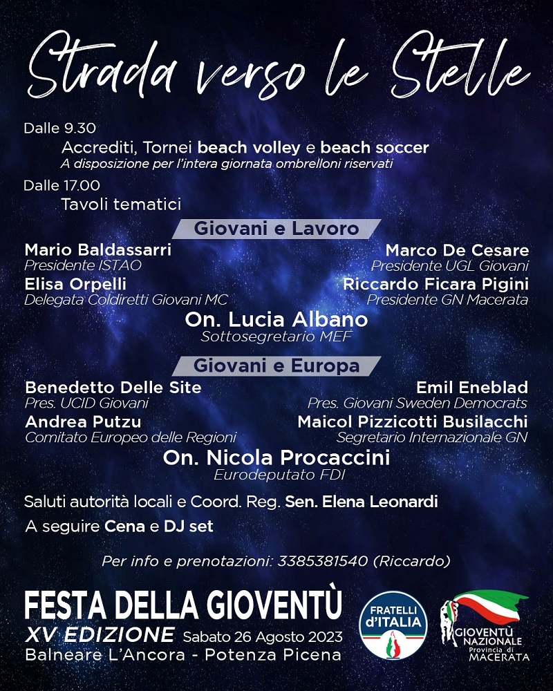 A Potenza Picena sabato 26 agosto la Festa della Gioventù: tra gli ospiti Lucia Albano, Nicola Procaccini e Mario Baldassarri