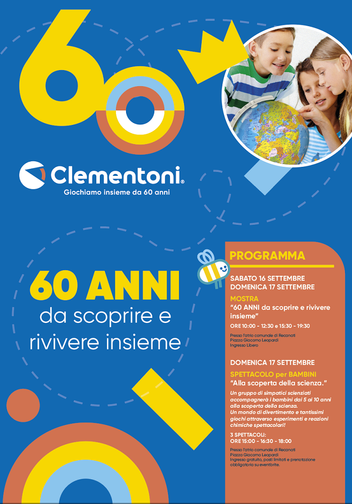 Clementoni: Sabato 16 e Domenica 17 Settembre appuntamento al Comune di Recanati per festeggiare giocando