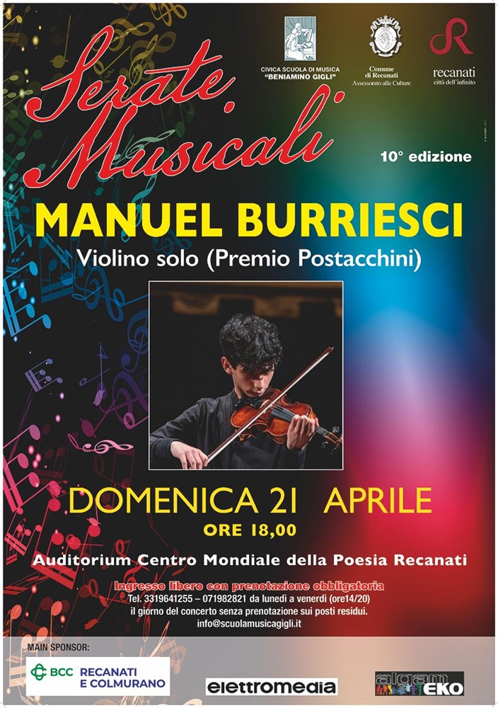 Serate Musicali a Recanati – Domenica concerto del violinista Manuel Burriesci