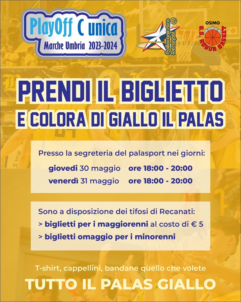 Pallacanestro Recanati. Gara5: Prevendite per i tifosi di Recanati,tutti al Palas vestiti di GIALLO