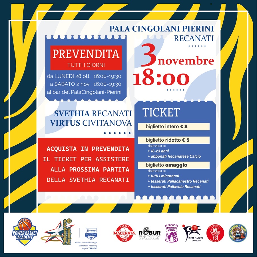 Pallacanestro Recanati. Prevendite “SALTA FILA” per il derby Recanati-Civitanova.