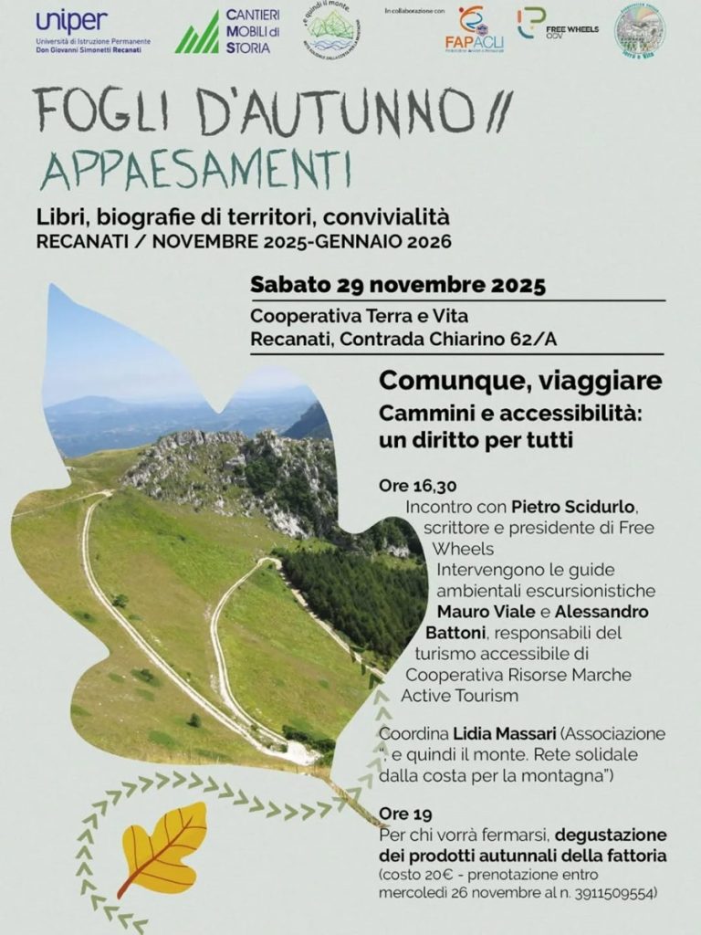 “Fogli d’autunno”: incontro su cammini, accessibilità e fruizione per tutti sabato a Recanati