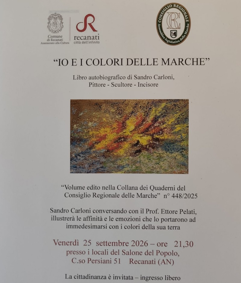 “Io e i colori delle Marche”: a Recanati la presentazione del libro autobiografico di Sandro Carloni