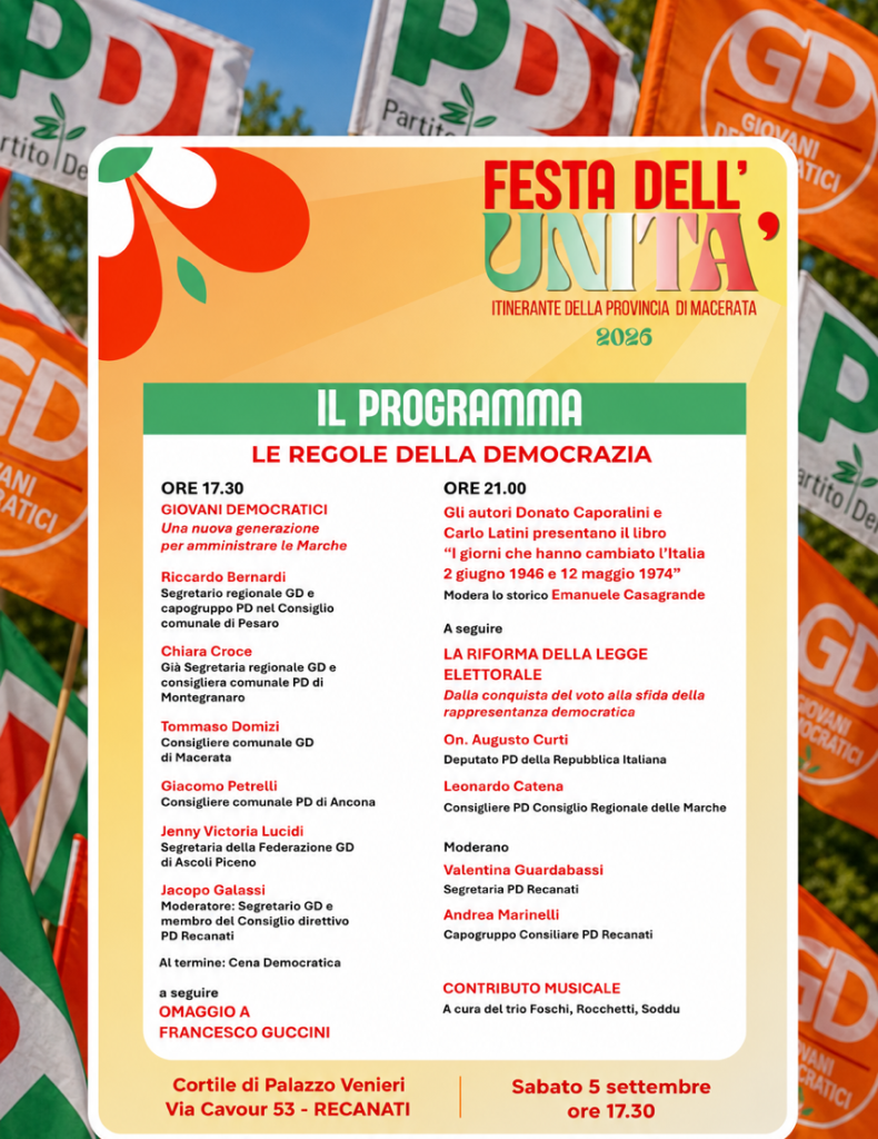 “LE REGOLE DELLA DEMOCRAZIA”: IL PD DI RECANATI TORNA CON LA FESTA DELL’UNITÀ